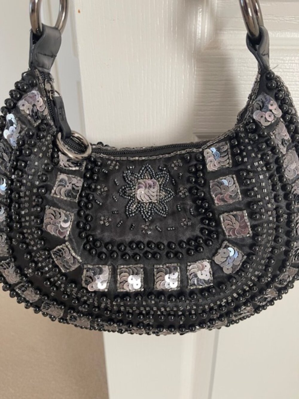 Vintage The Limited Shoulder Strap Beaded Purse Black Silver Colors Boho